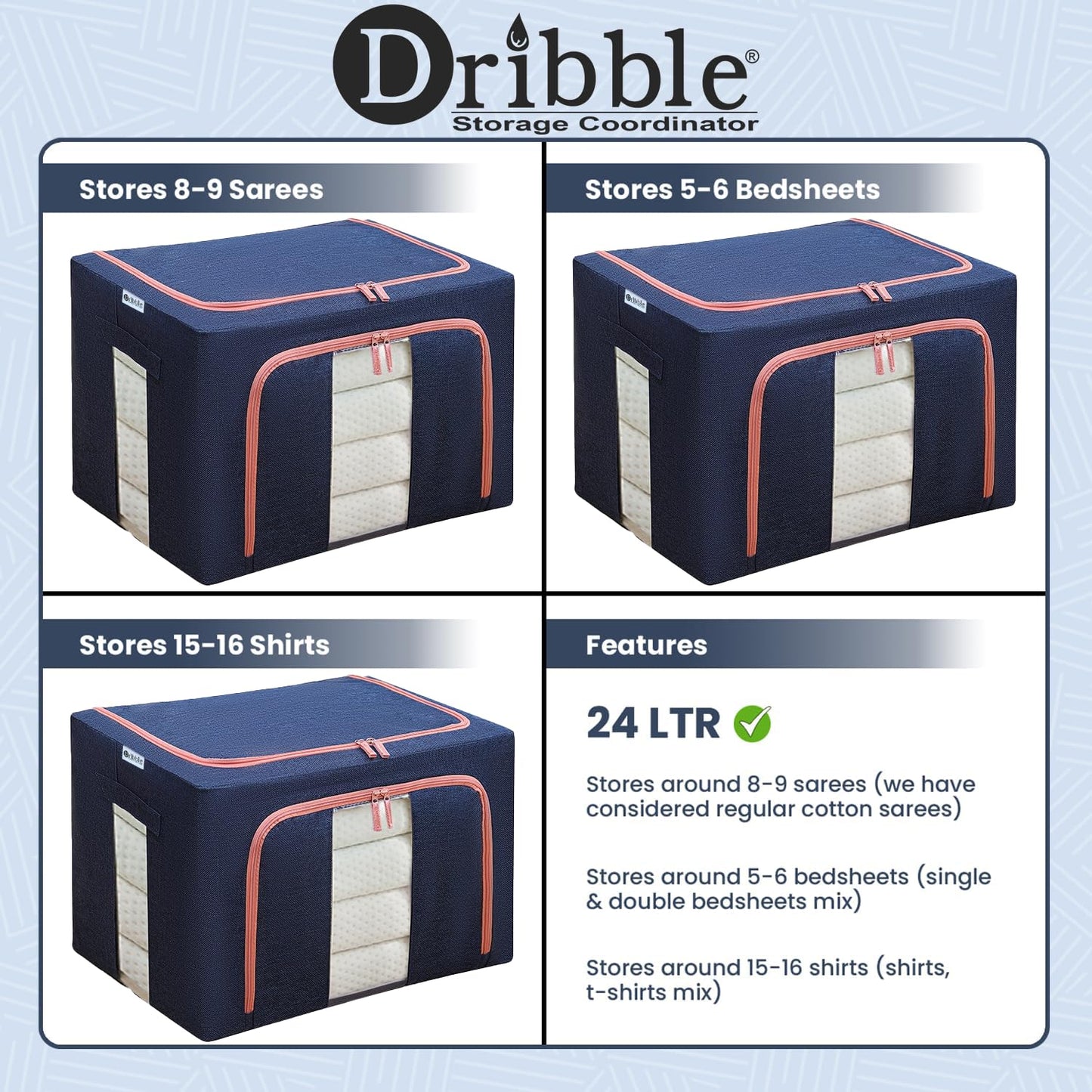 Dribble Foldable Steel Frame Clothes Storage Organizer Box 24L Blue